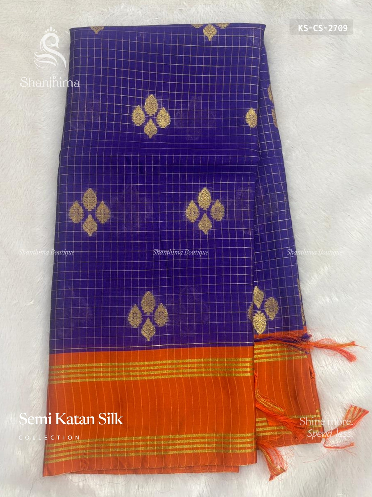 Semi Katan Silk Checks Stripes Ink Blue Orange