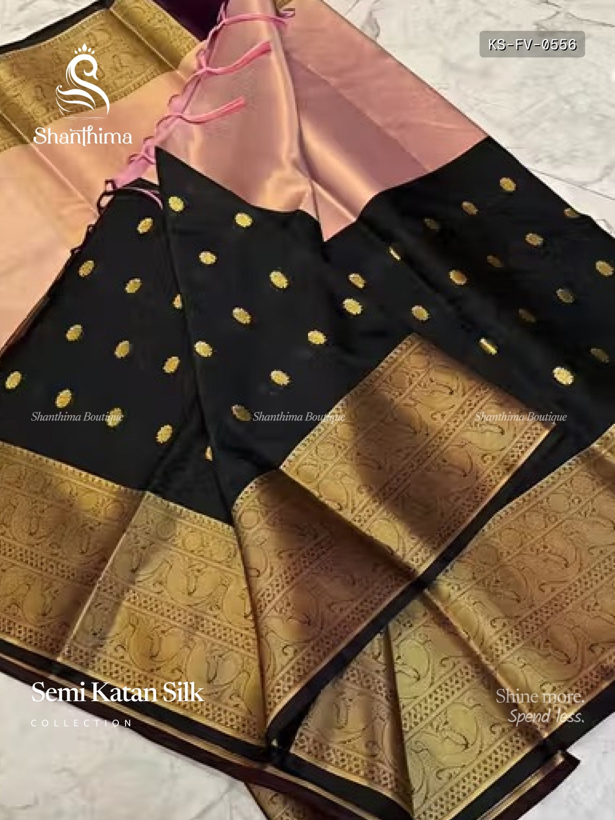 Semi Katan Silk Flowers Plain Border Black Peach