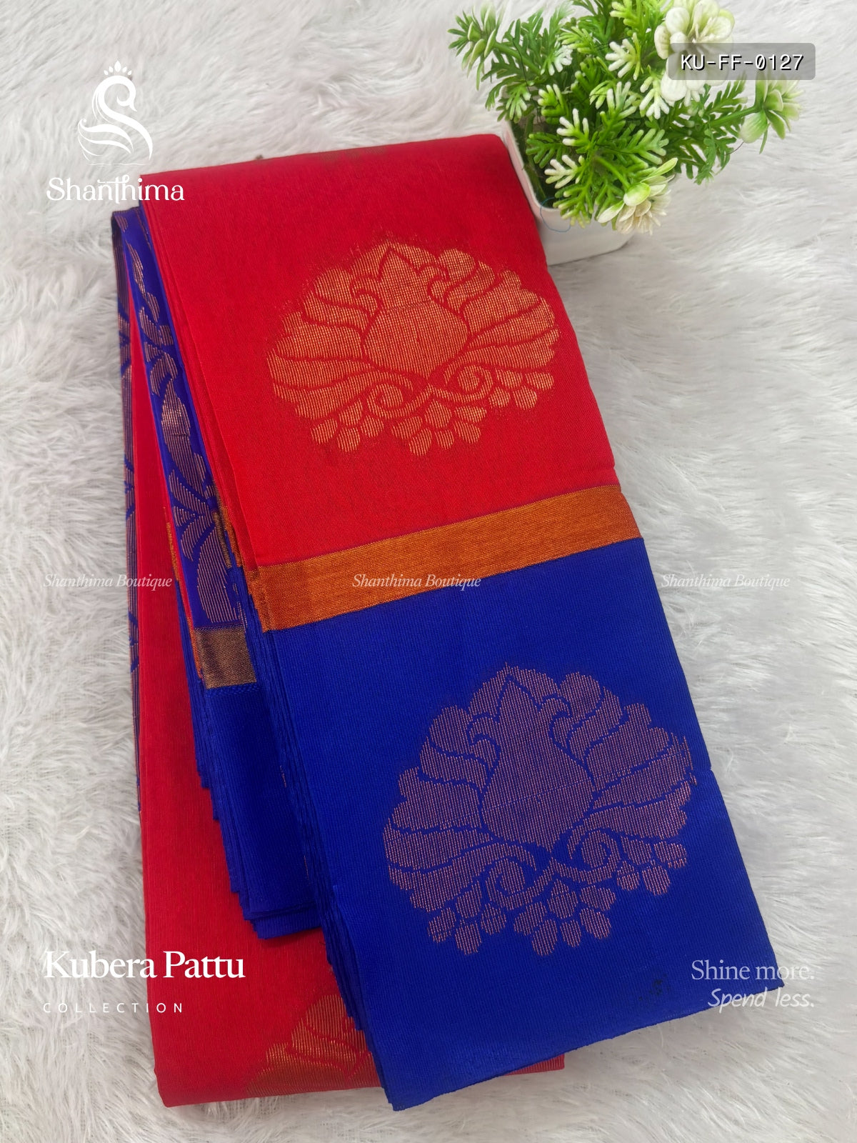 Kubera Pattu Flowers Flower Red Ink Blue