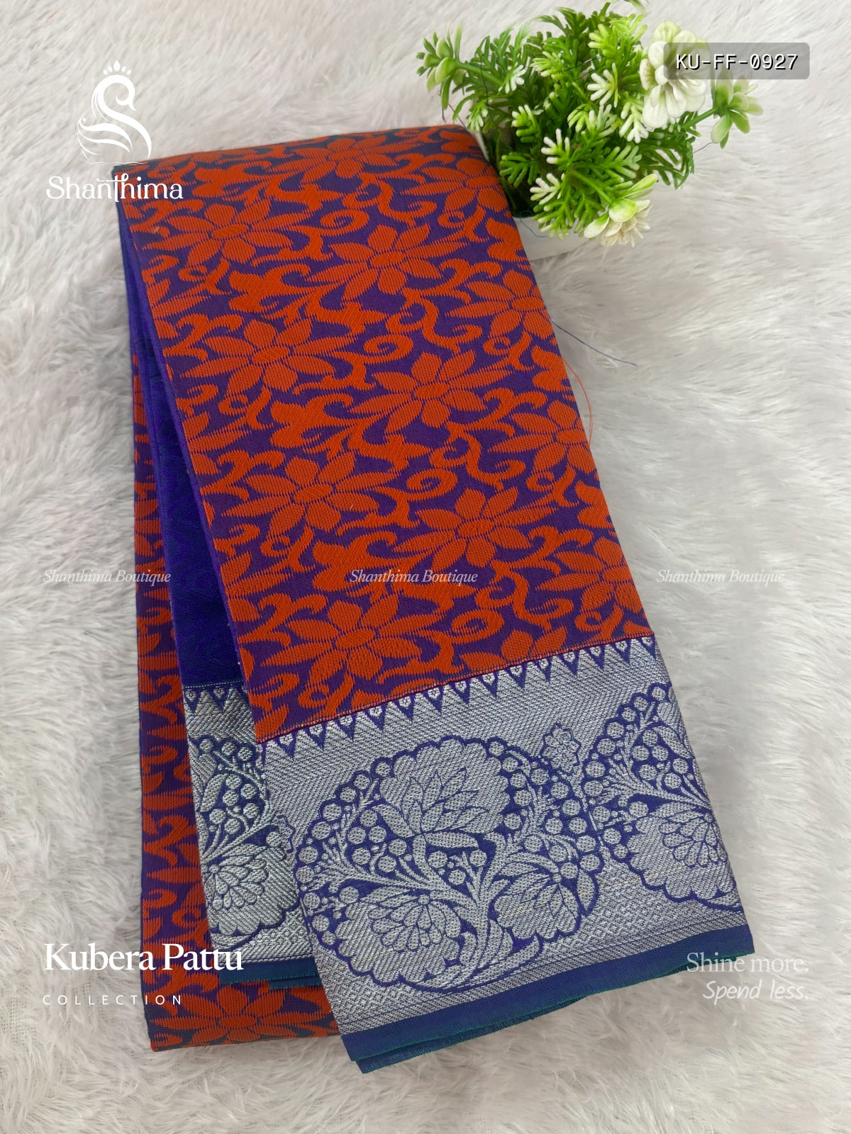 Kubera Pattu Flowers Flower Orange Ink Blue
