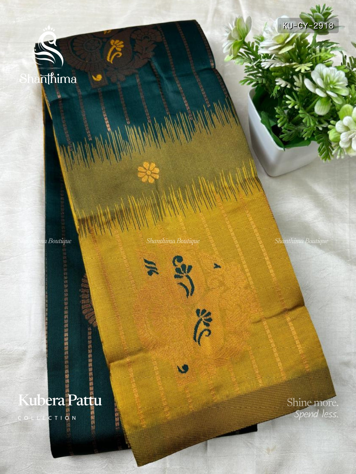 Kubera Pattu Mango Mango Flower Motif Dark Green Dual Shade Mustard