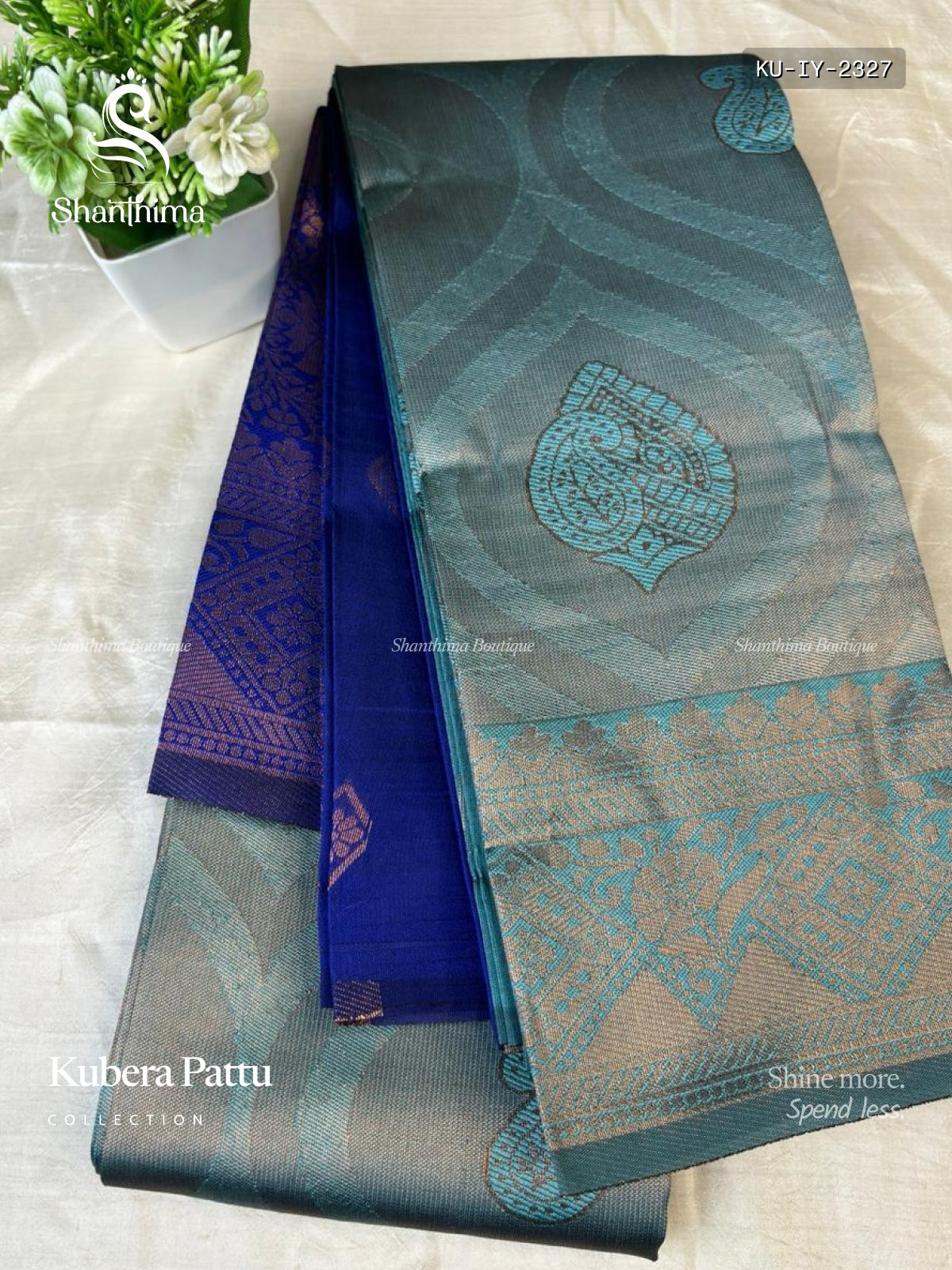Kubera Pattu Leaf Mango Flower Motif Sky Blue Ink Blue