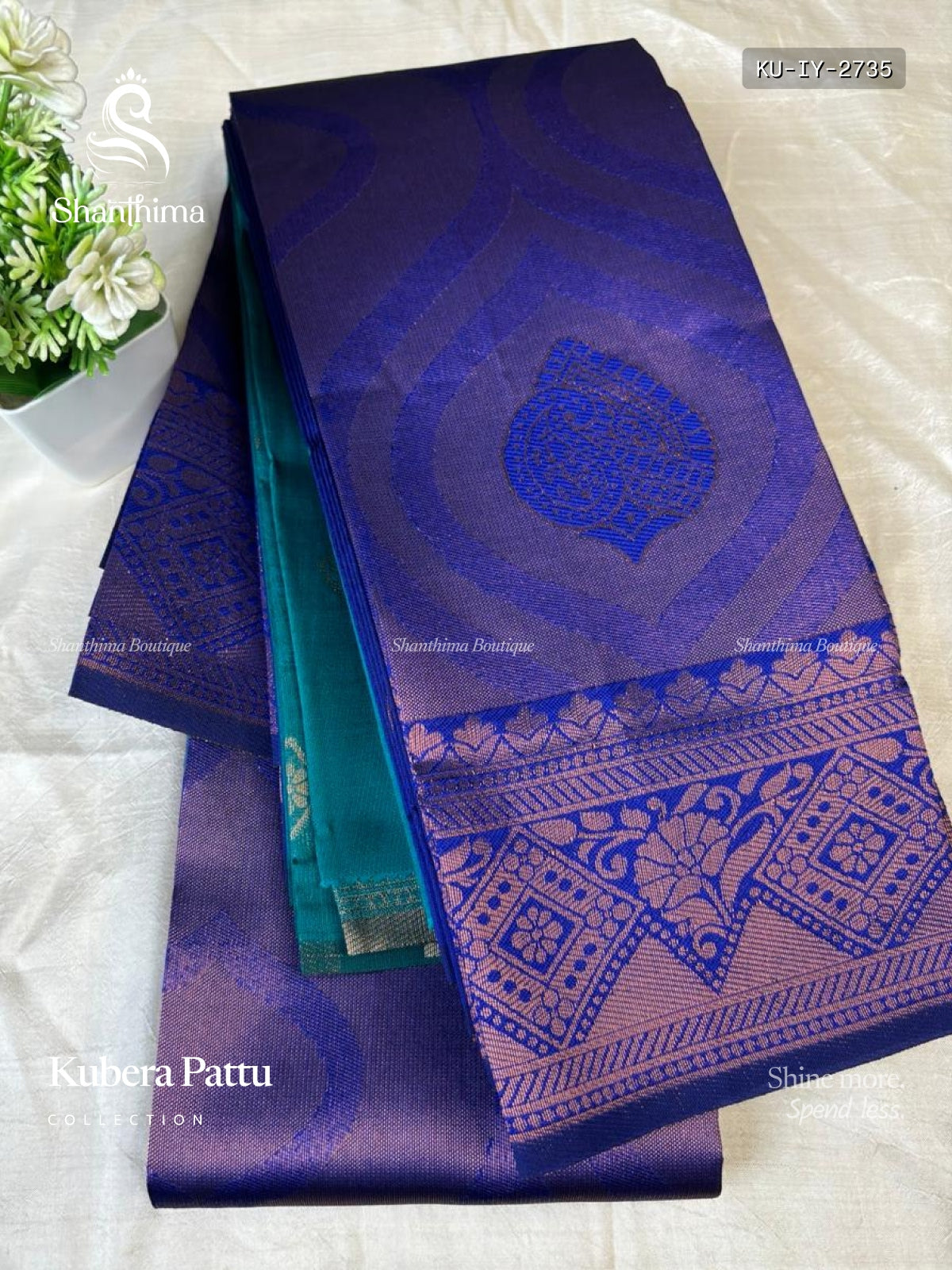 Kubera Pattu Leaf Mango Flower Motif Ink Blue Peacock Green