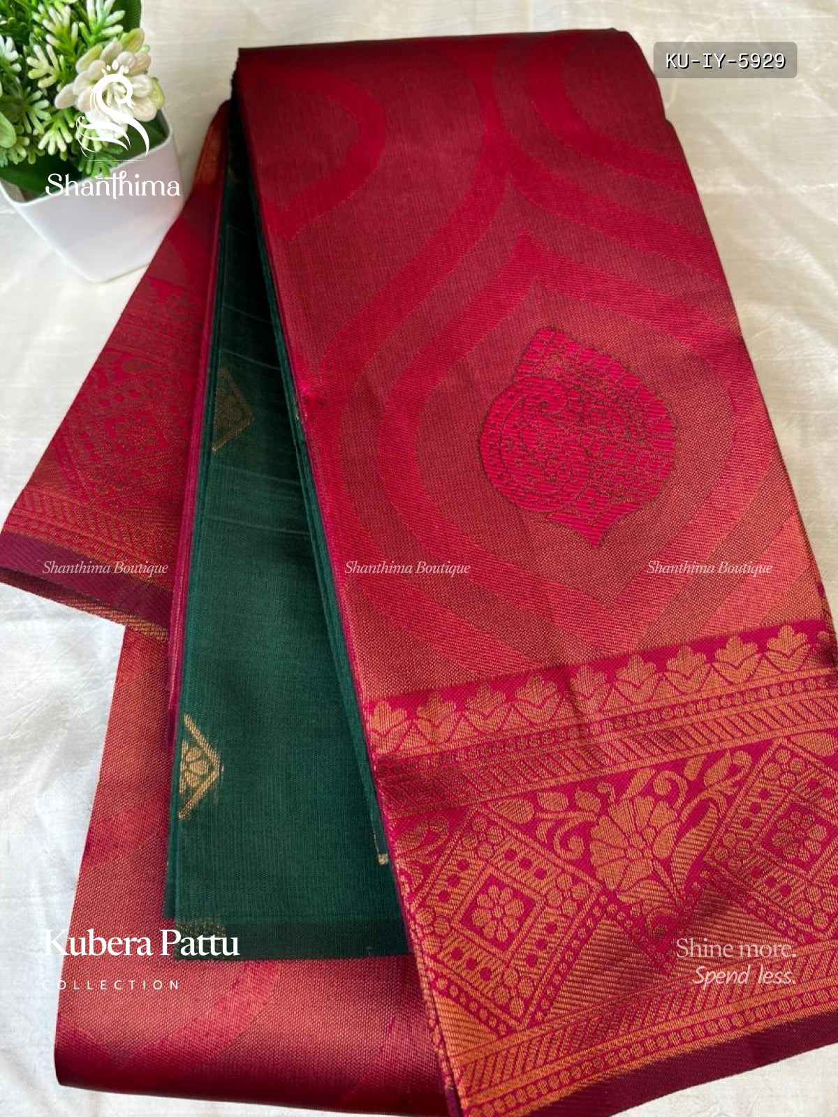 Kubera Pattu Leaf Mango Flower Motif Dual Shade Pink Dark Green
