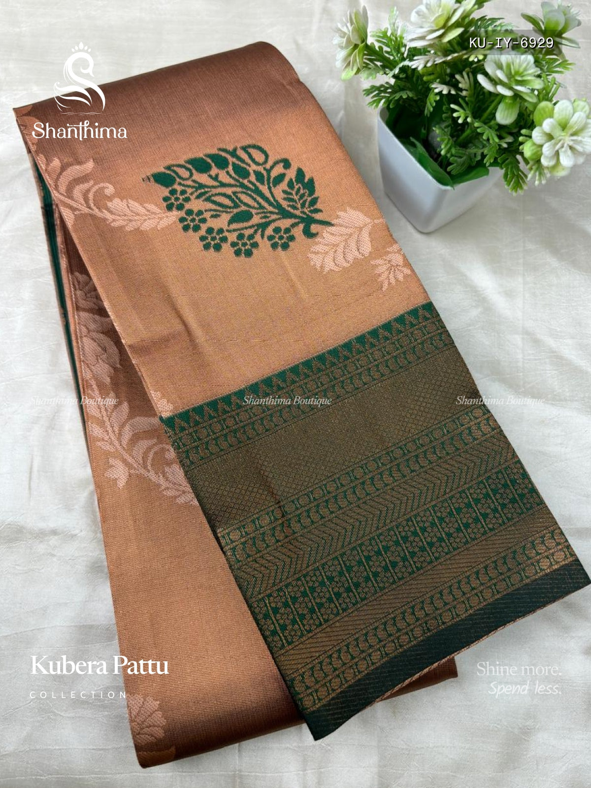 Kubera Pattu Leaf Mango Flower Motif Copper Color Dark Green