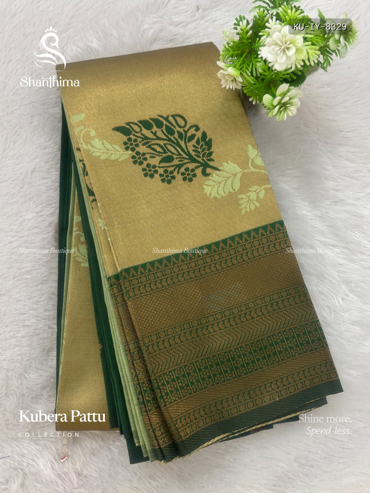 Kubera Pattu Leaf Mango Flower Motif Pastel Green Dark Green