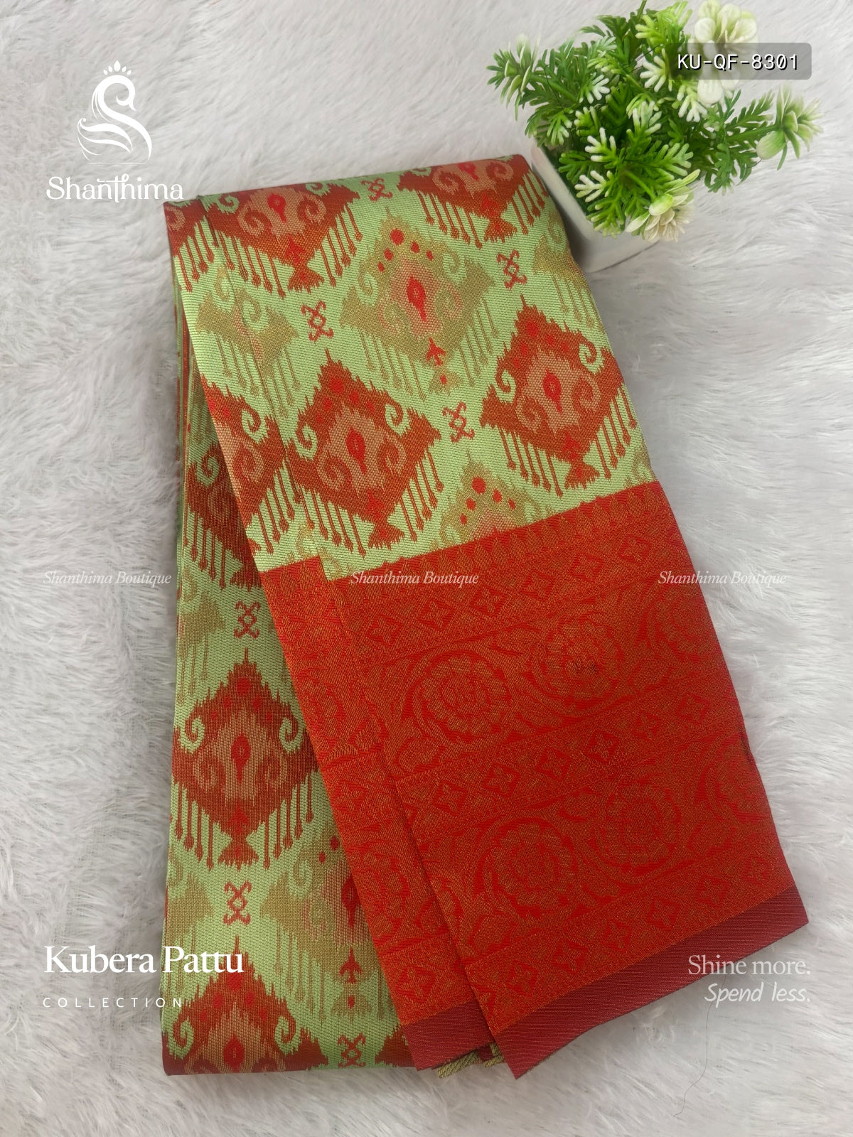 Kubera Pattu Diamond /Star/Flower Flower Pastel Green Red