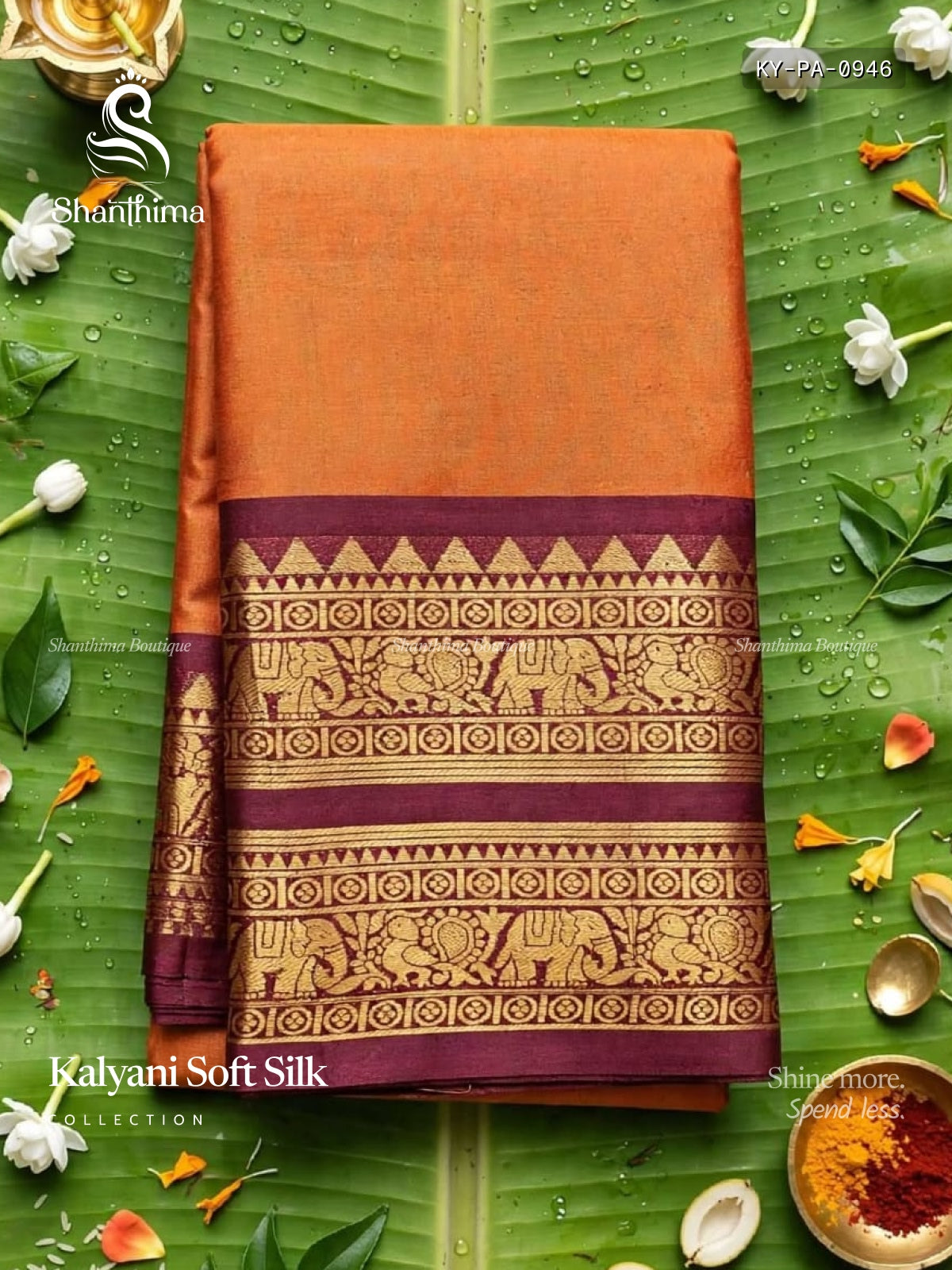 Kalyani Soft Silk Plain Peacock Elephant Orange  Wine