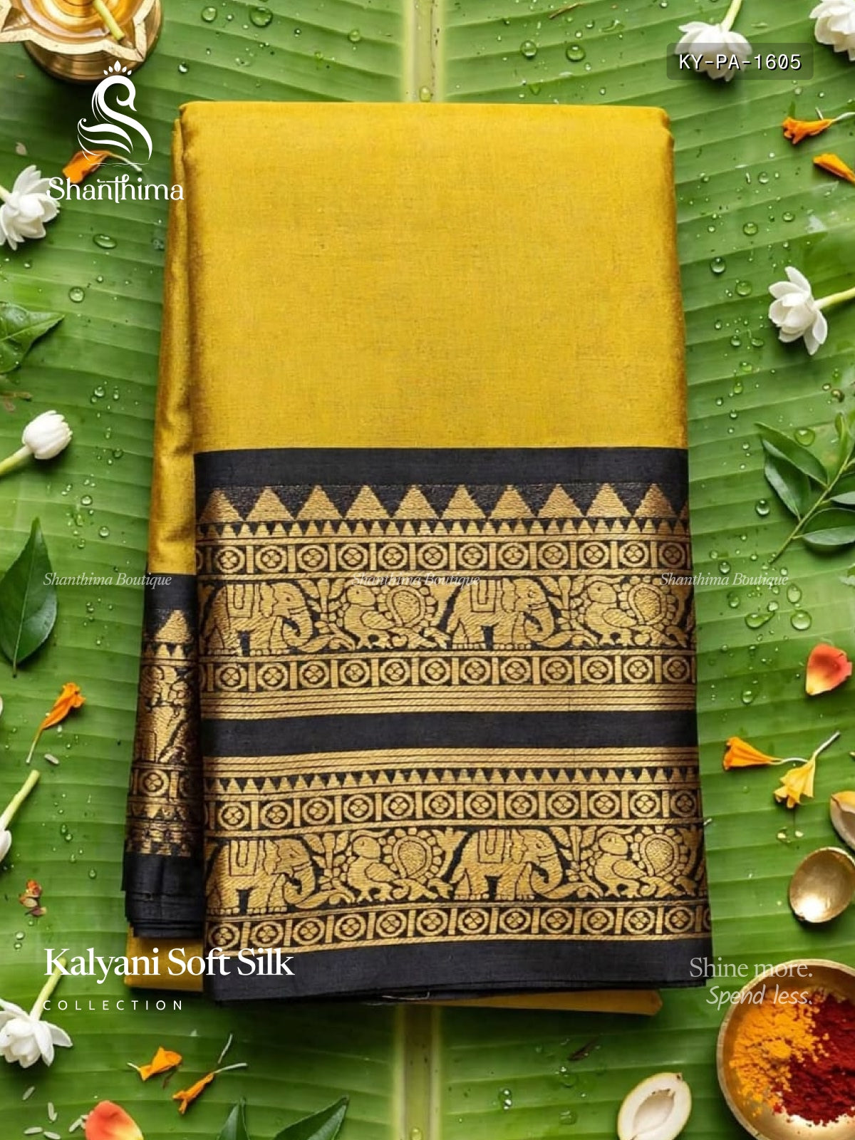 Kalyani Soft Silk Plain Peacock Elephant Mustard Black