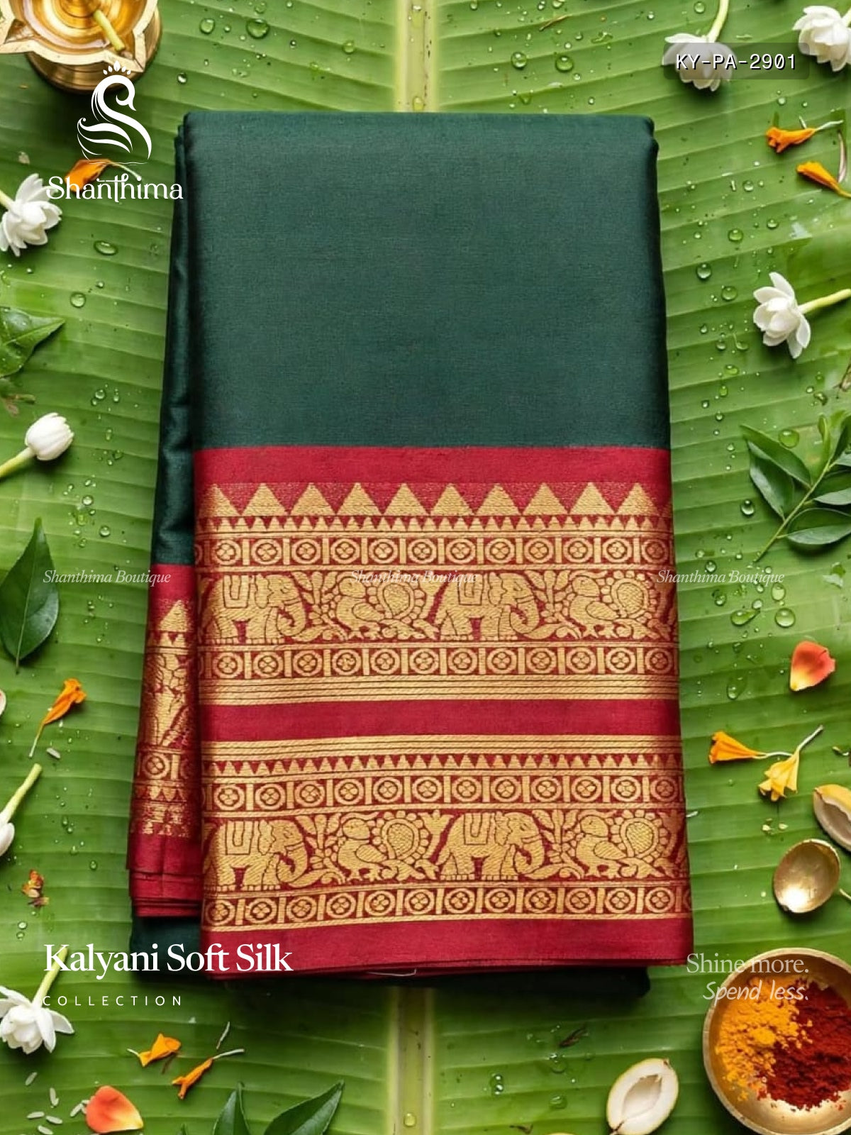 Kalyani Soft Silk Plain Peacock Elephant Dark Green Red