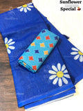 Linen Cotton Flowers Flower Ink Blue Ink Blue