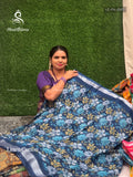 Linen Cotton Flowers Plain Border Navy Blue Navy Blue
