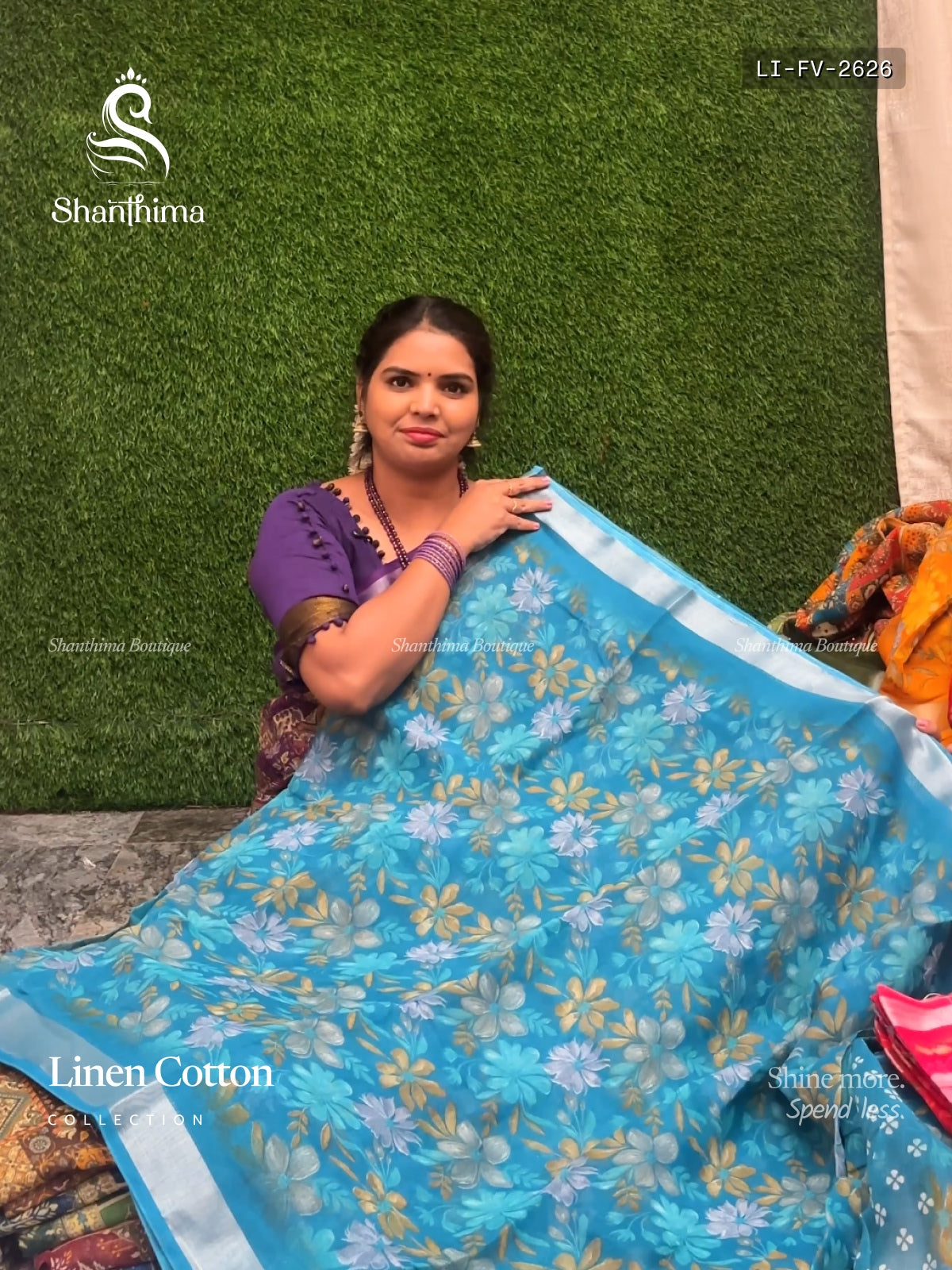Linen Cotton Flowers Plain Border Rama Blue Rama Blue