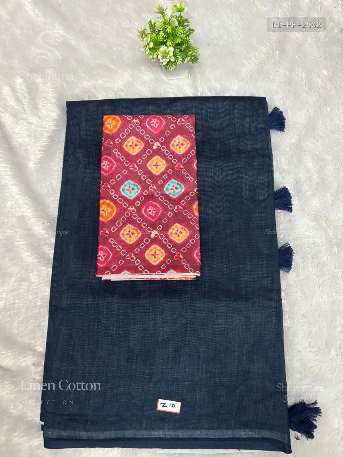 Linen Cotton Plain Flower Navy Blue Pink