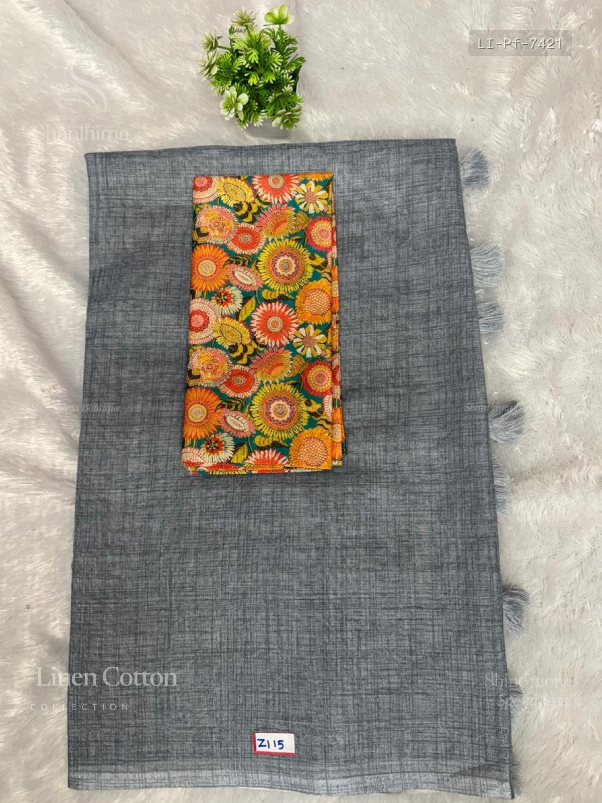 Linen Cotton Plain Flower Gray Vibrant Orange