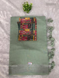 Linen Cotton Plain Mango Flower Motif Sea Green Light Gray