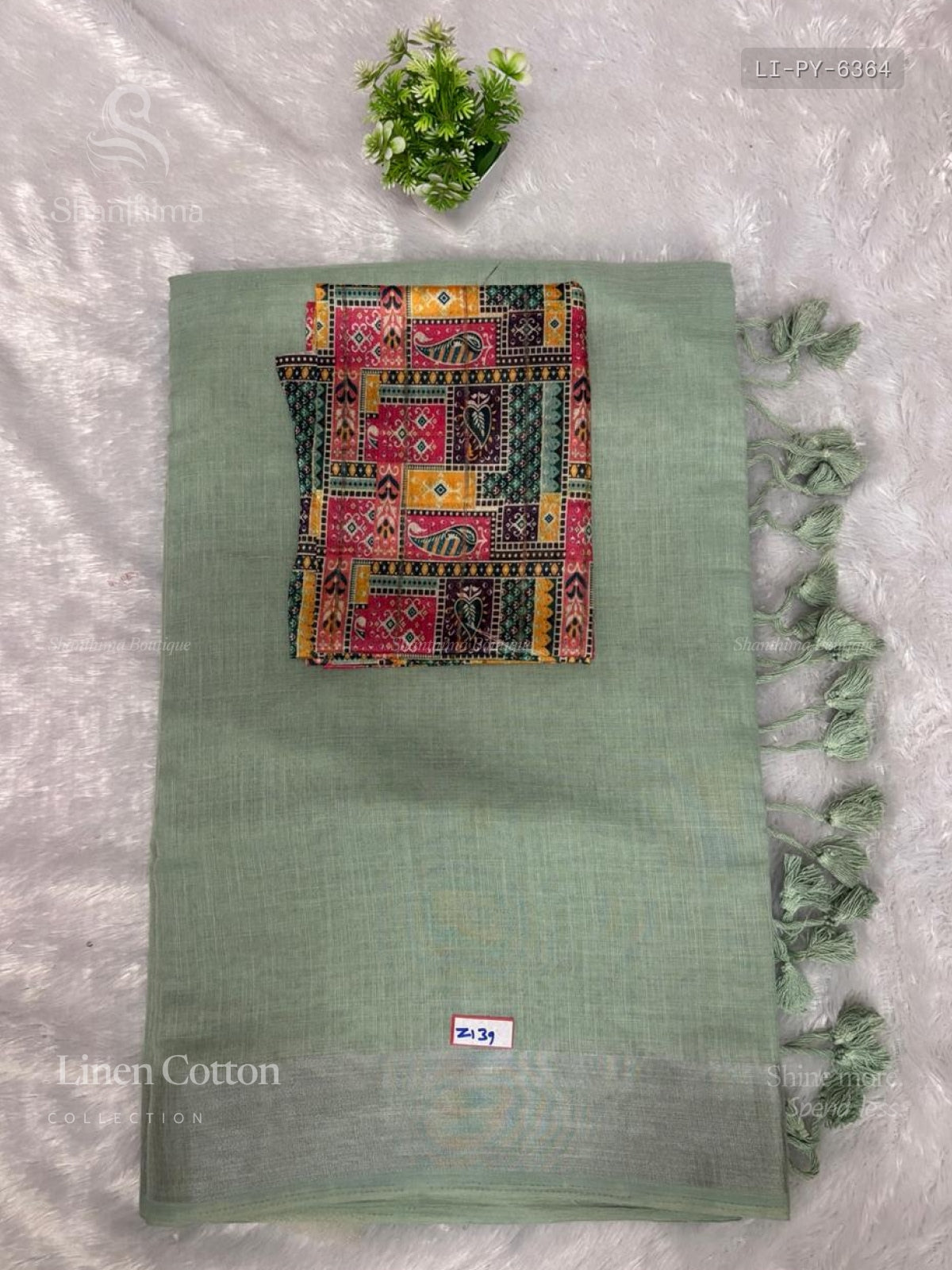 Linen Cotton Plain Mango Flower Motif Sea Green Light Gray