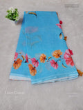 Linen Cotton Print Design Flower Sky Blue Sky Blue