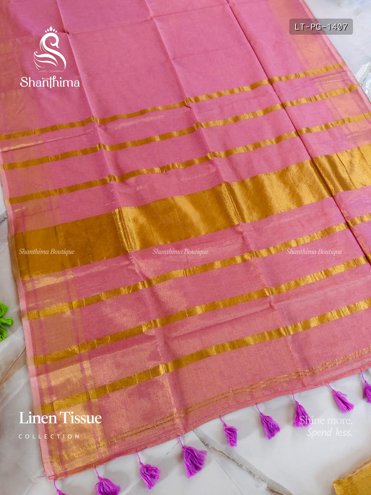 Linen Tissue Plain Gold Border Gopuram Onion Pink Gold
