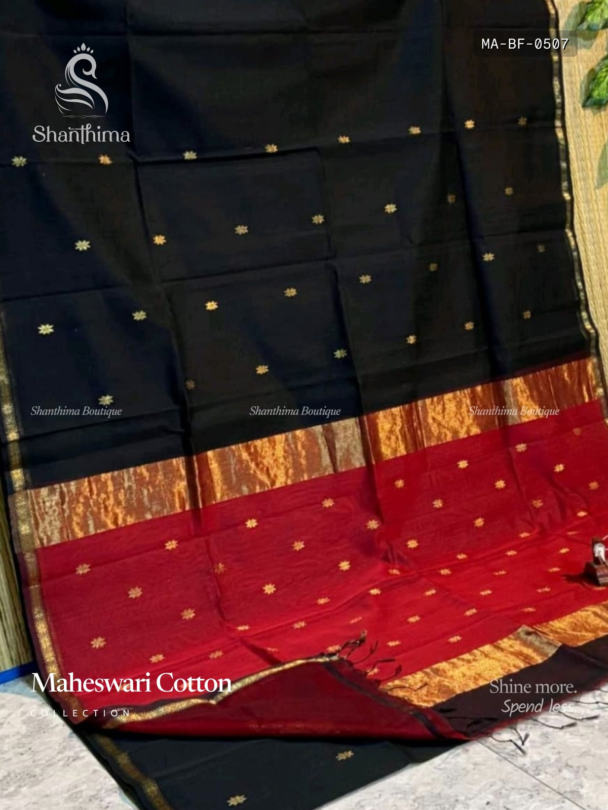 Maheswari Cotton Buttas Flower Black Gold