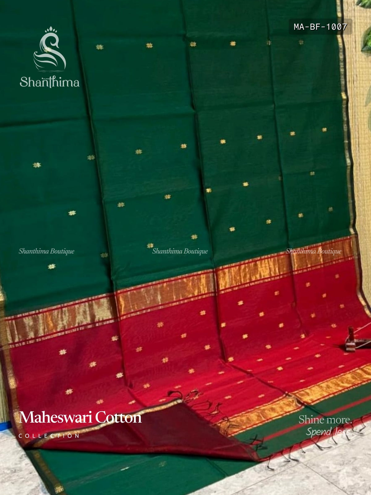 Maheswari Cotton Buttas Flower Green Gold