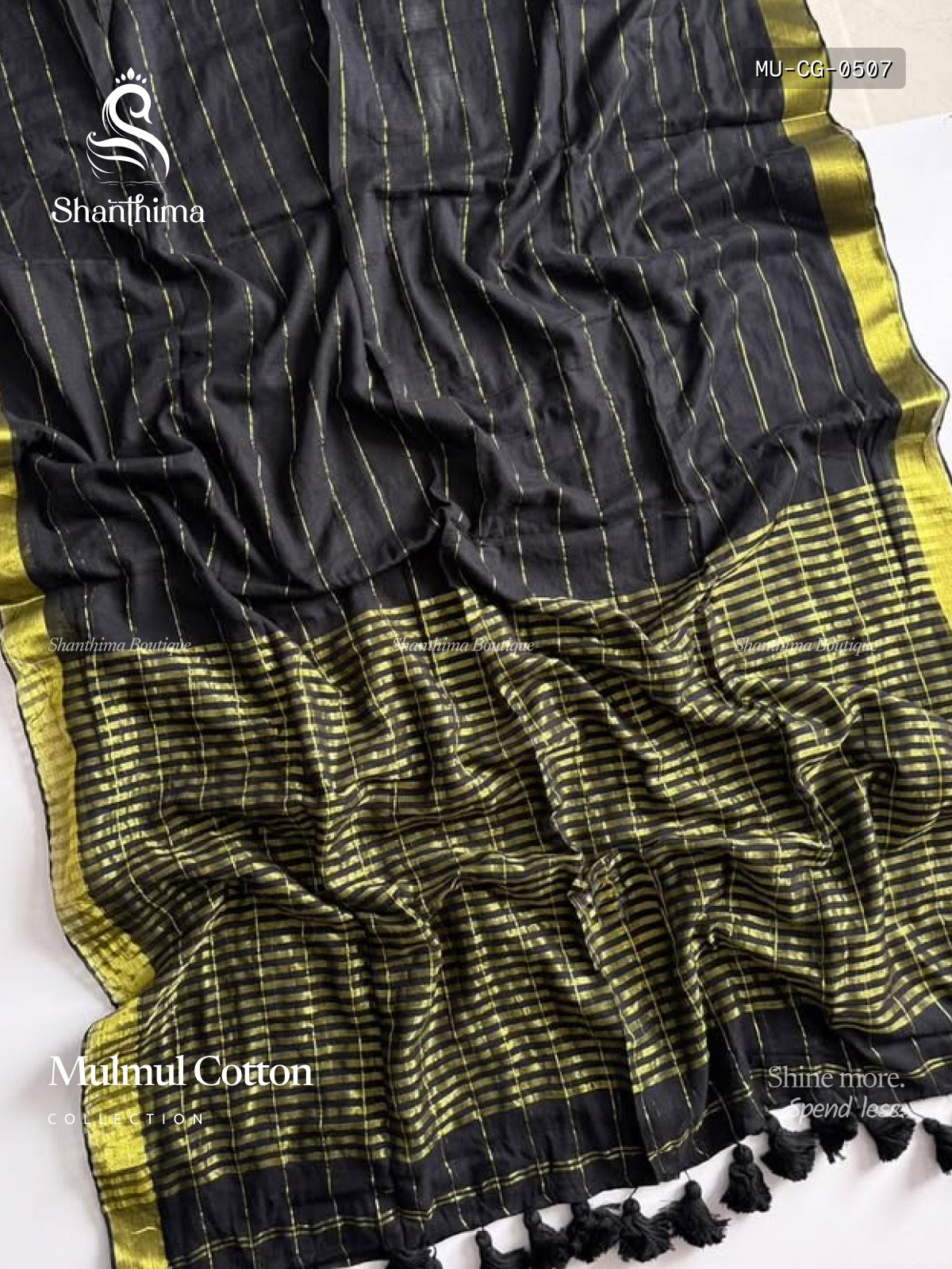 Mulmul Cotton Checks Gold Border / Gopuram Black Gold