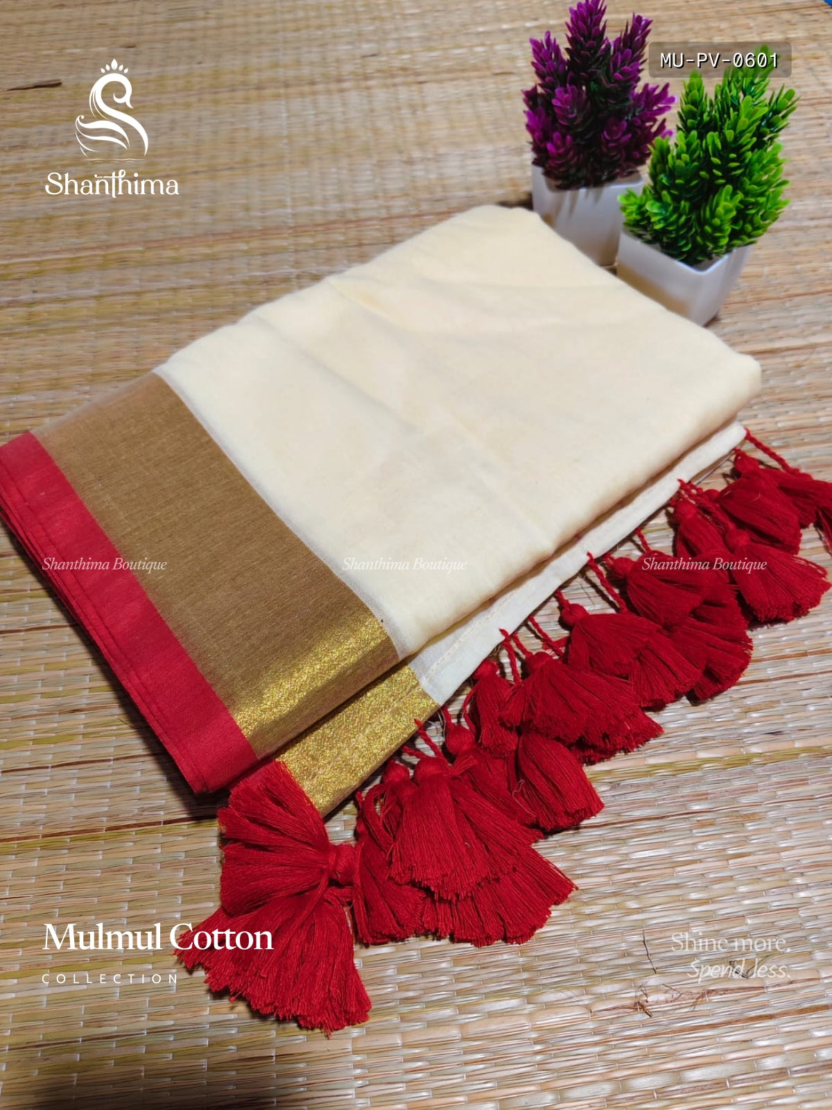 Mulmul Cotton Plain Plain Border Sandal Red