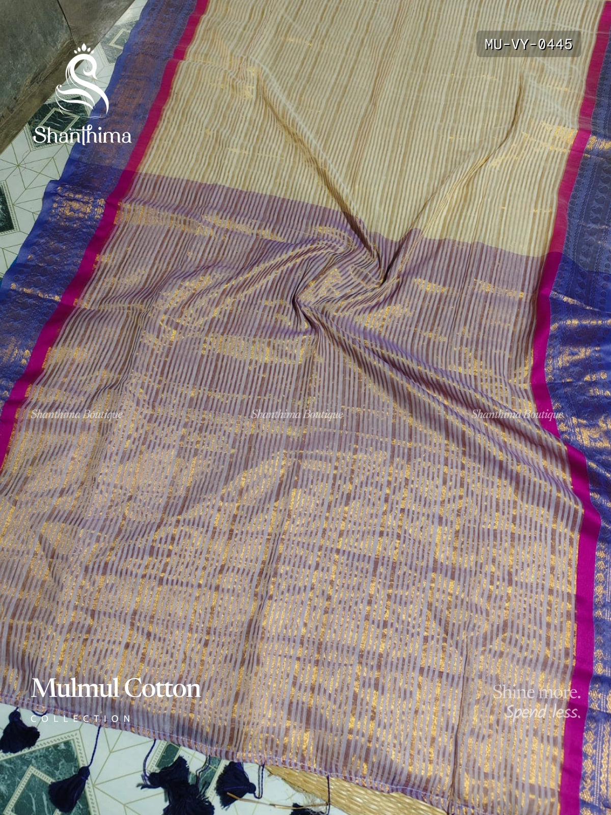 Mulmul Cotton Vertical Stripes Mango Flower Motif White Lavender