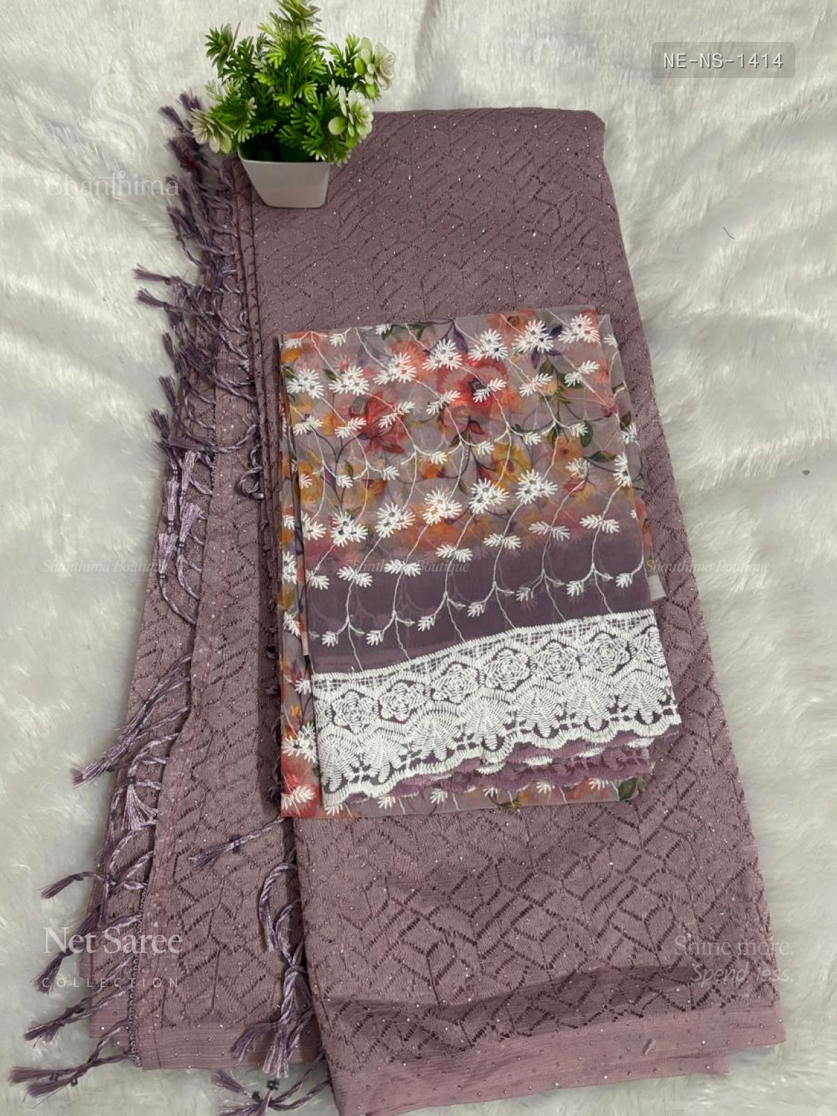 Net Saree Stones Stripes Onion Pink Onion Pink