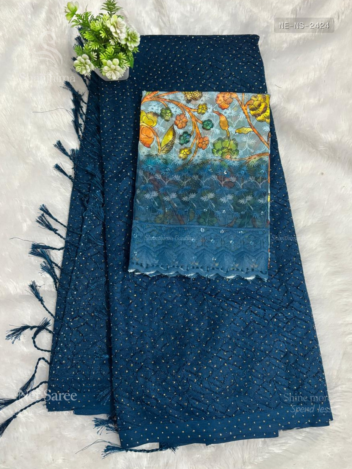 Net Saree Stones Stripes Peacock Blue Peacock Blue