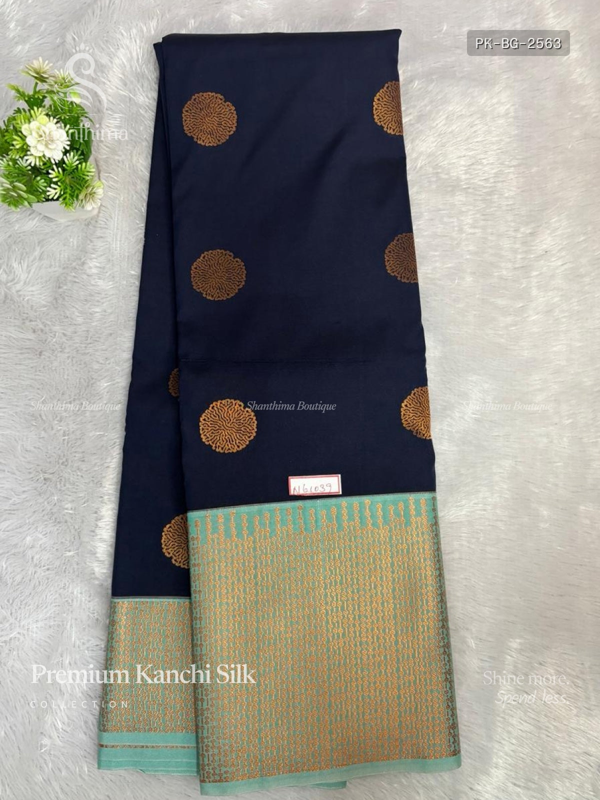 Premium Kanchi Silk Buttas Gold Border Navy Blue Sea Green