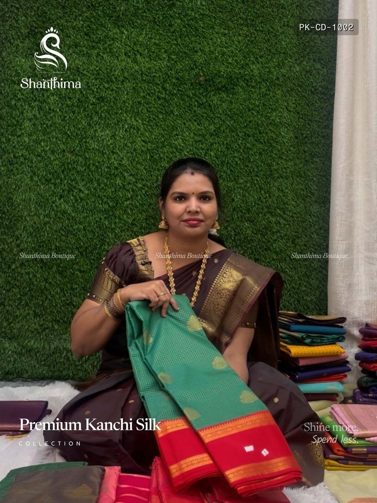 Premium Kanchi Silk Checks Diamond Stone Peacock Green Pink
