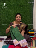 Premium Kanchi Silk Checks Diamond Stone Peacock Dark Green Lavender