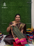 Premium Kanchi Silk Checks Peacock Dark Green Pink
