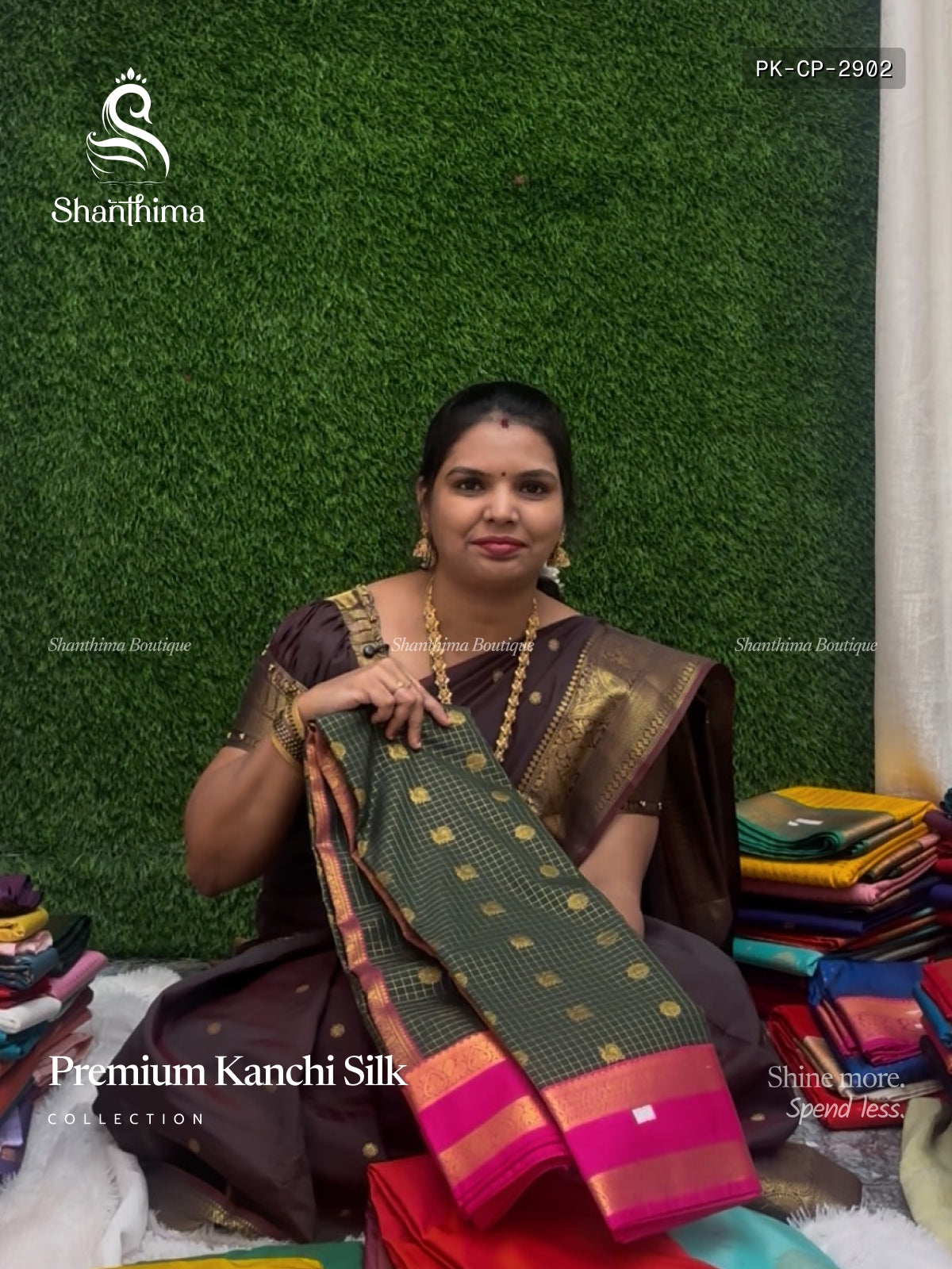 Premium Kanchi Silk Checks Peacock Dark Green Pink