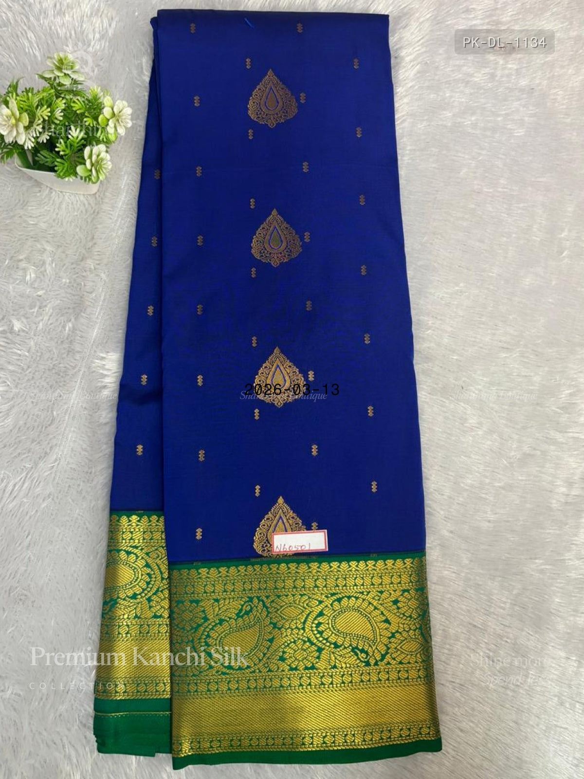 Premium Kanchi Silk Rain Drop Mango Flower Blue Leaf Green