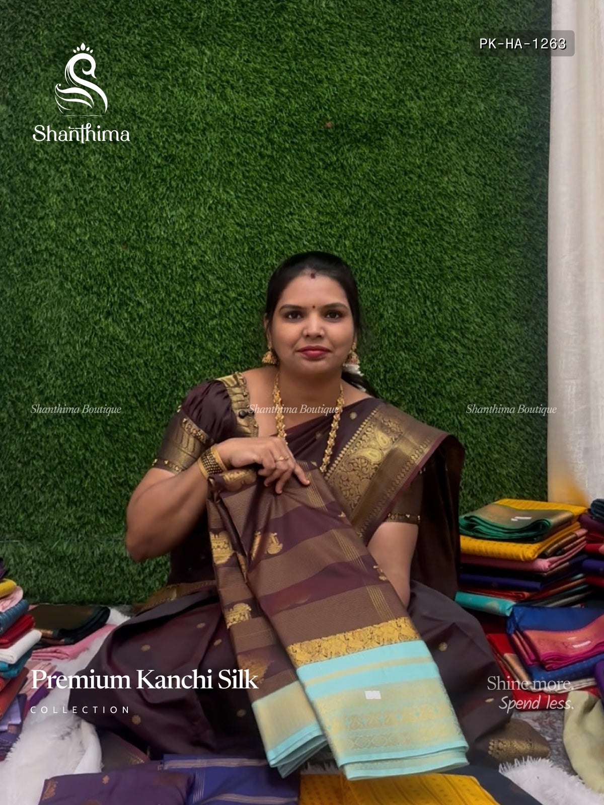 Premium Kanchi Silk Horizontal Stripes Peacock Elephant Brown Sea Green