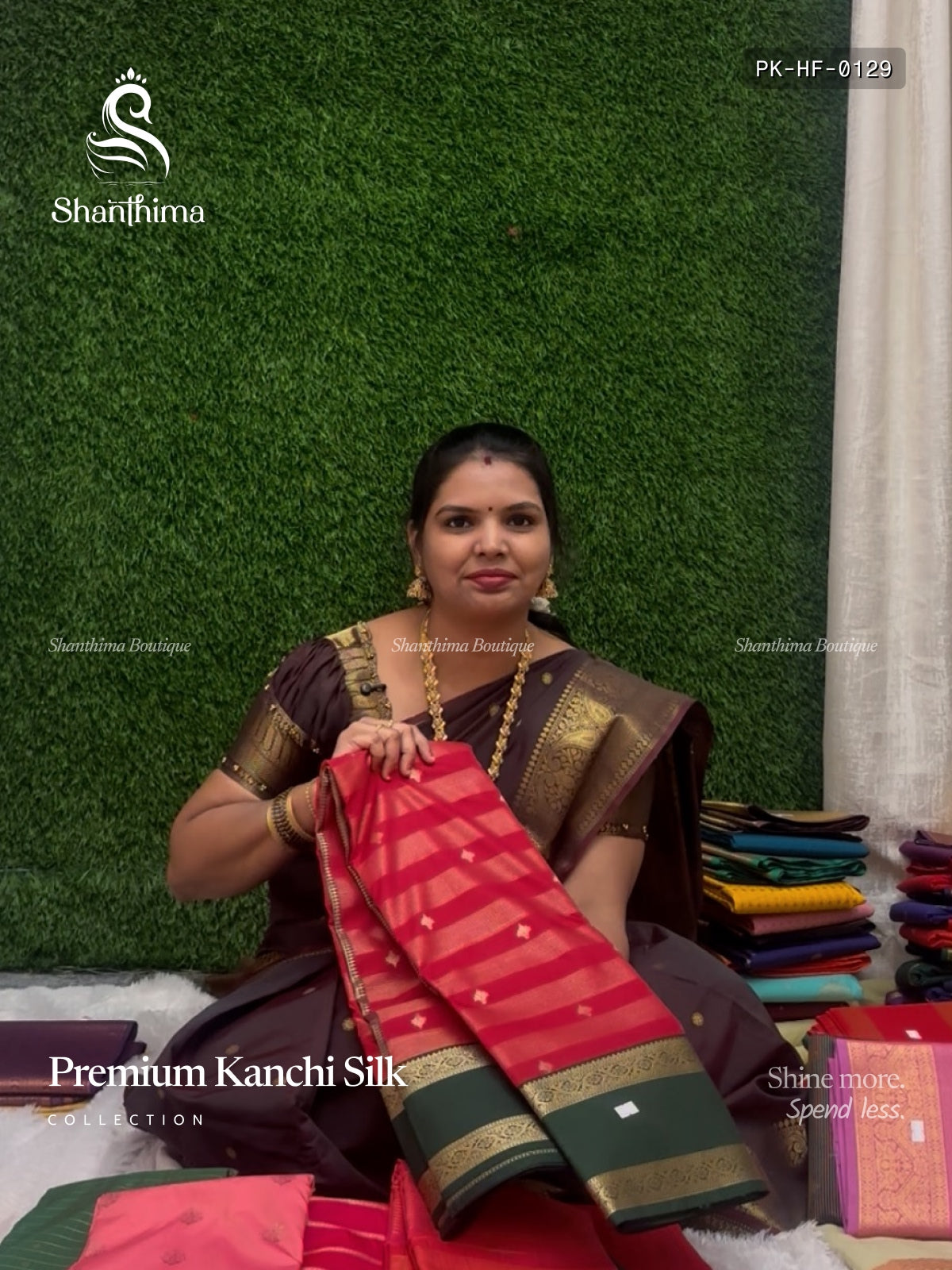 Premium Kanchi Silk Horizontal Stripes Flower  Red Dark Green