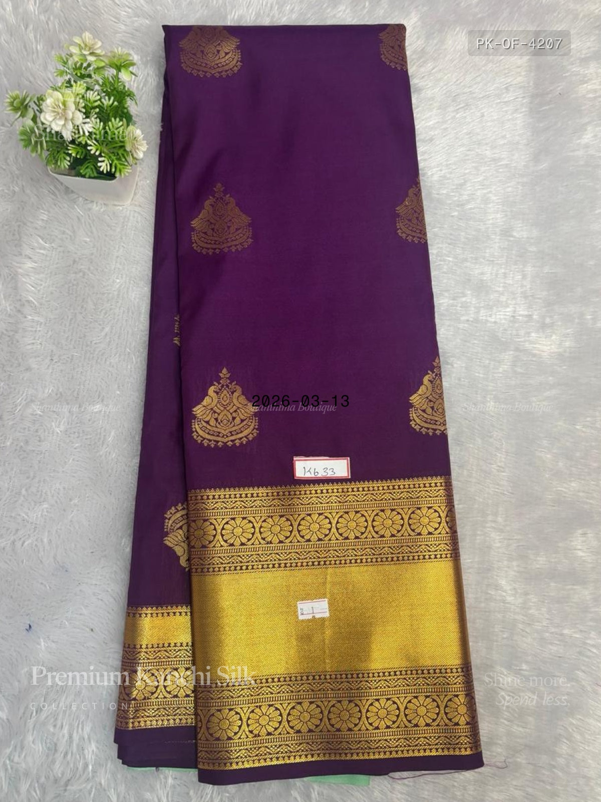 Premium Kanchi Silk Peacock Flower Dark Violet Gold