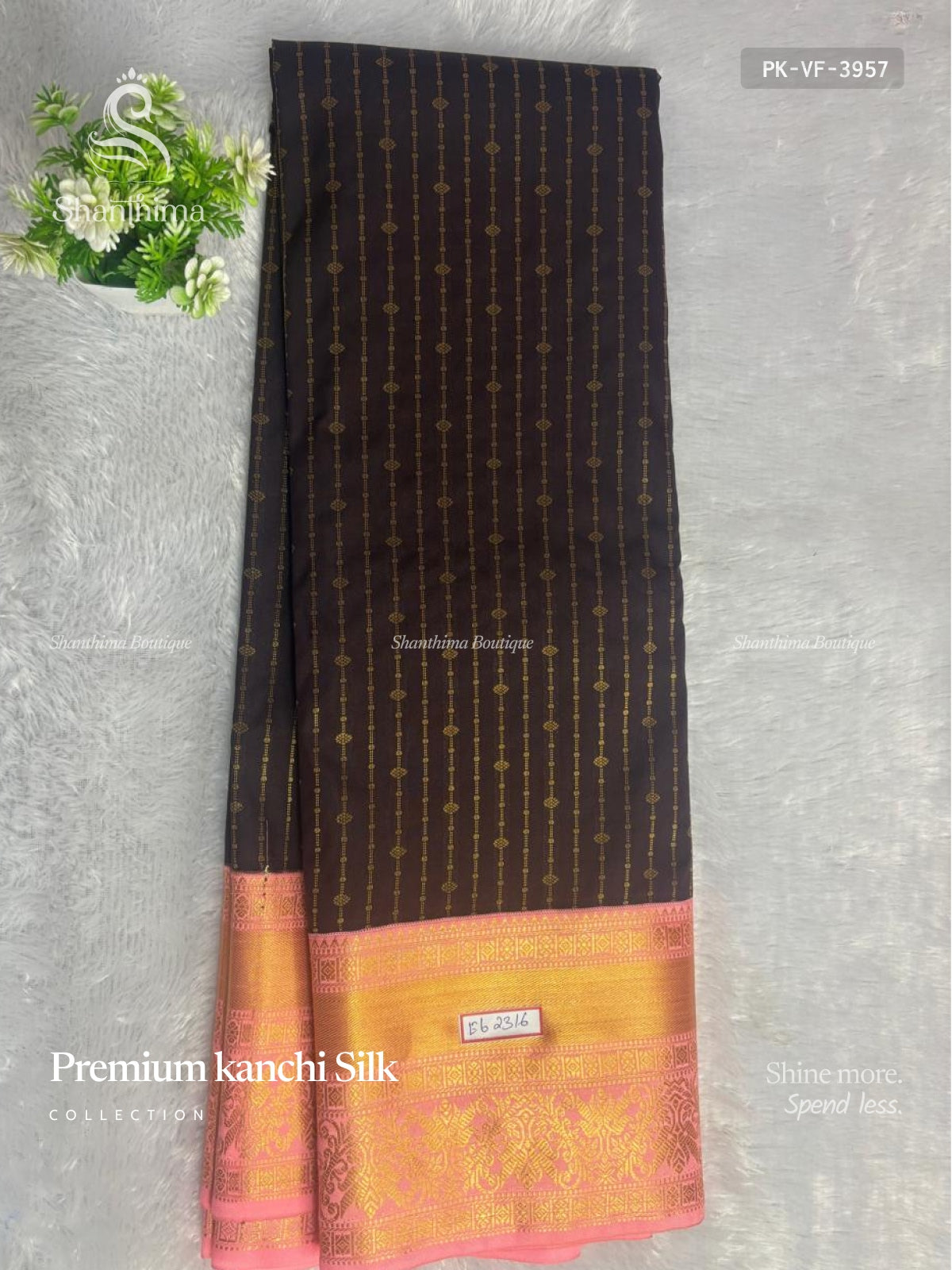 Premium Kanchi Vertical Stripes Flower Dark Brown Baby Pink