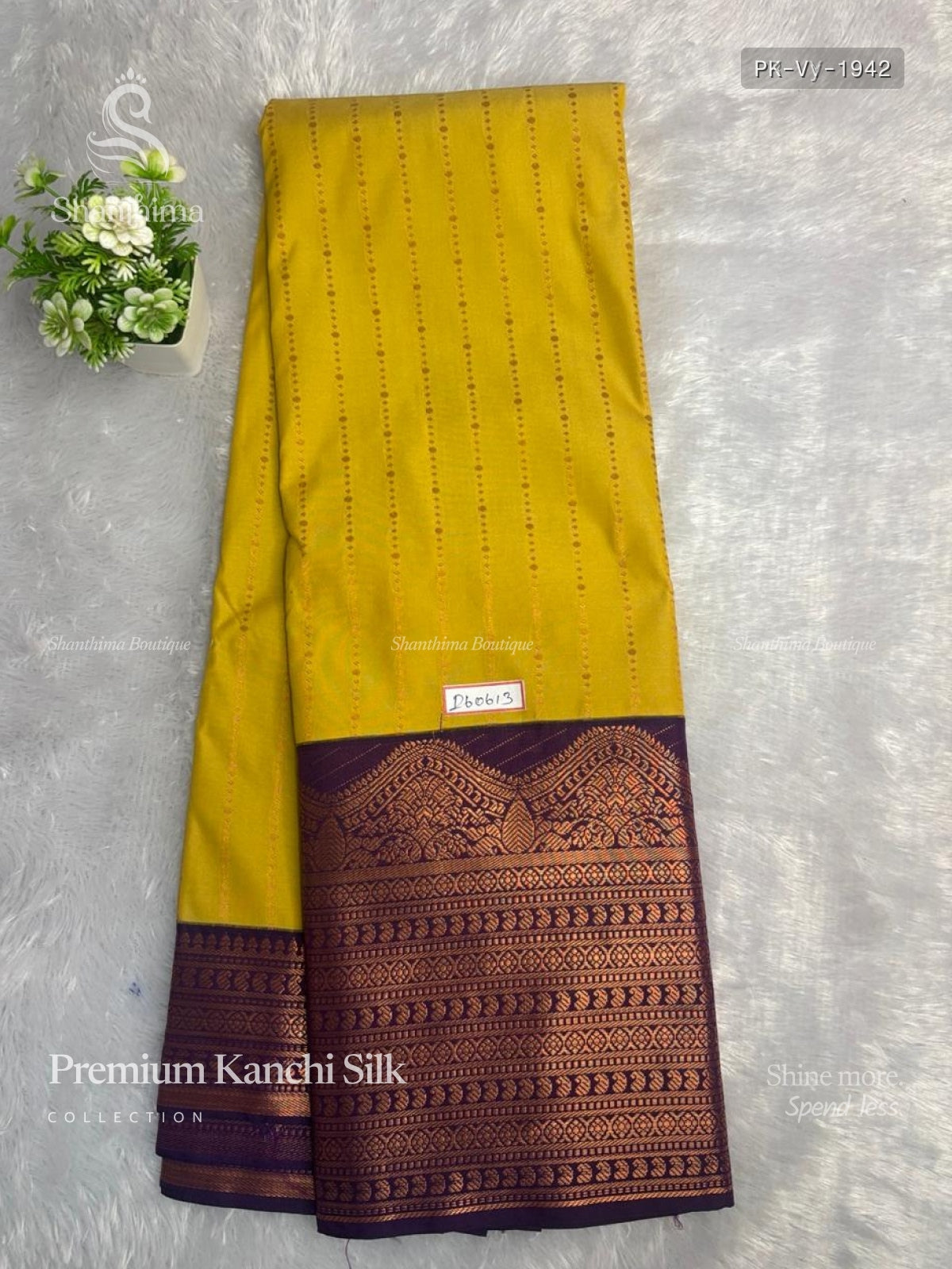 Premium Kanchi Silk Vertical Stripes Mango Flower Motif Lemon Dark Violet