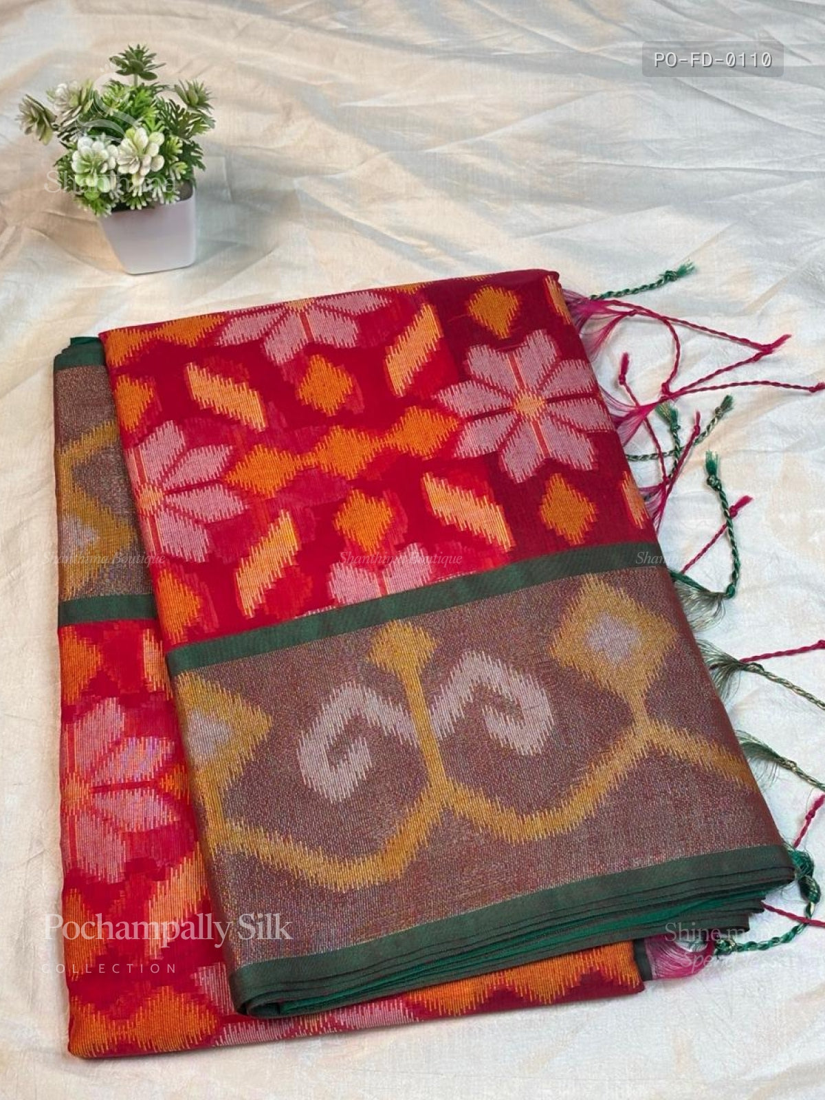 Pochampally Silk Flowers Diamond Stone Peacock Red Green