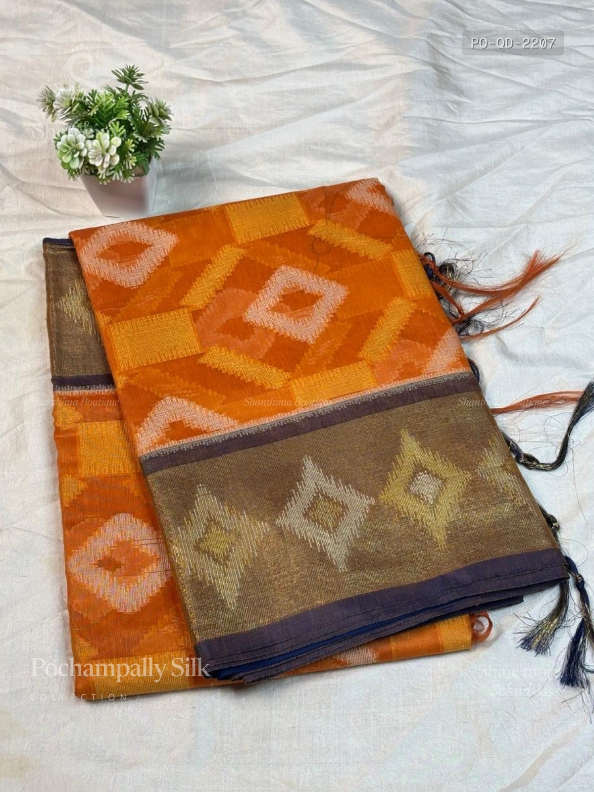 Pochampally Silk Diamond /Star/Flower Diamond Stone Peacock Rust Gold