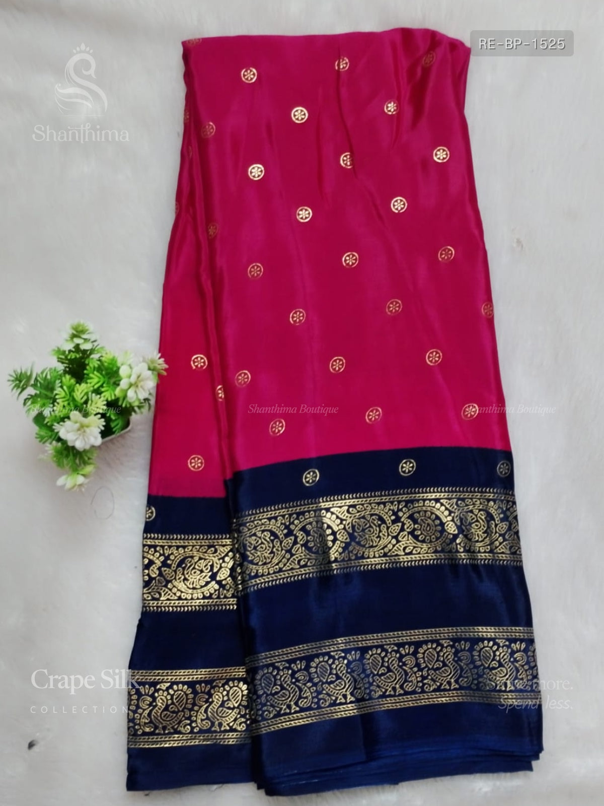 Crepe Silk Buttas Peacock Rose Navy Blue