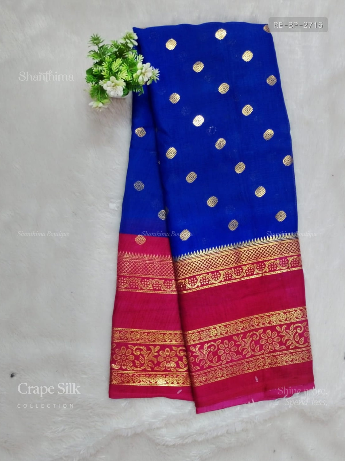 Crepe Silk Buttas Peacock Ink Blue Rose