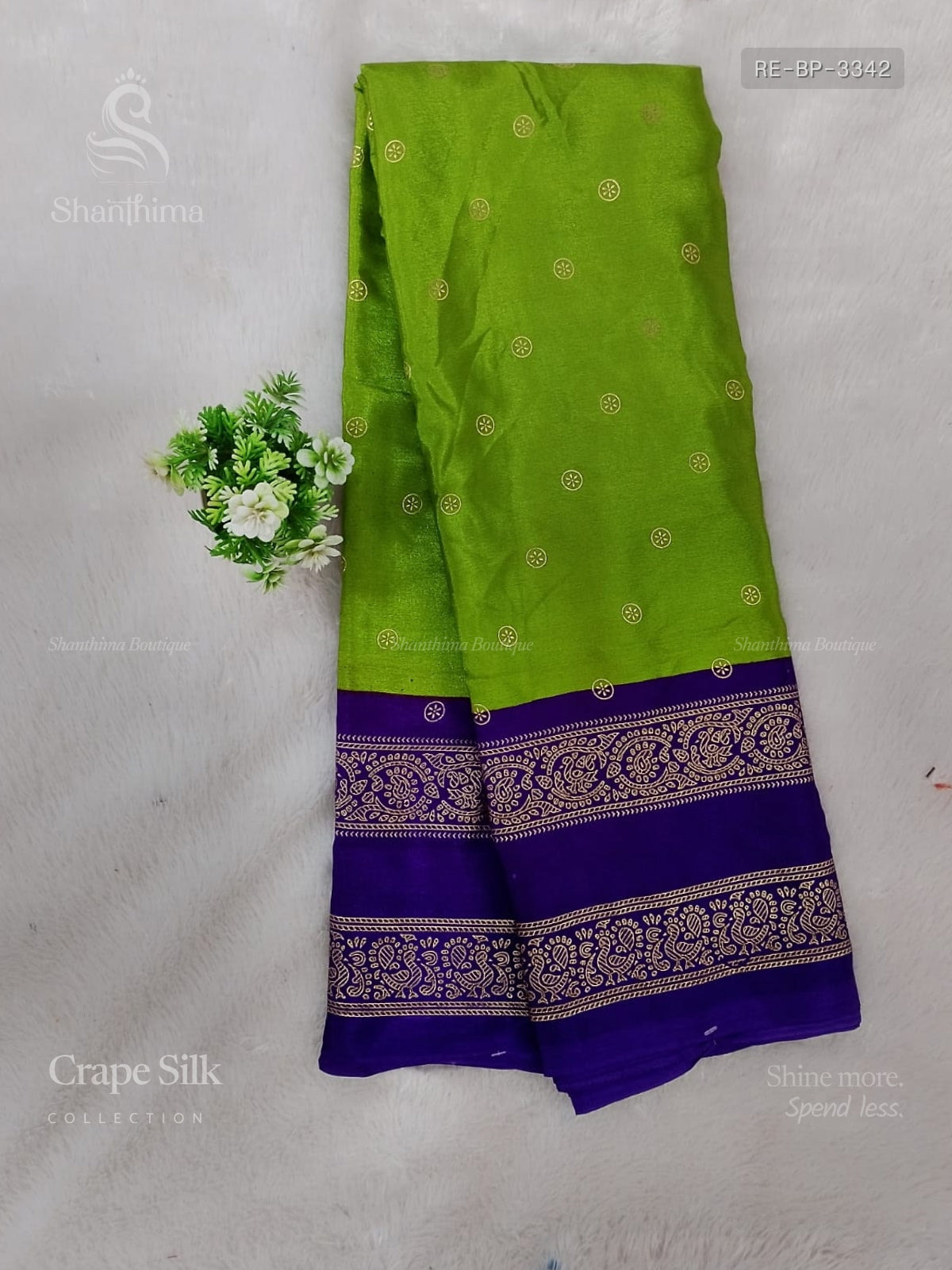 Crepe Silk Buttas Peacock Elachi Green Dark Violet