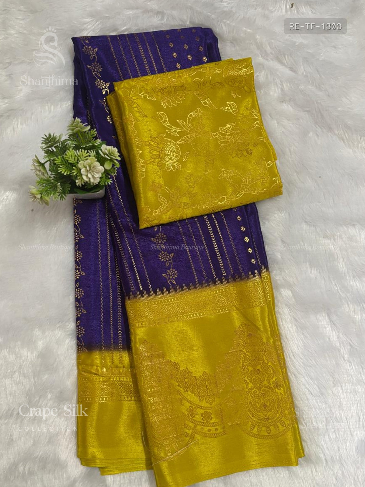 Crepe Silk Print Design Flower Violet Yellow