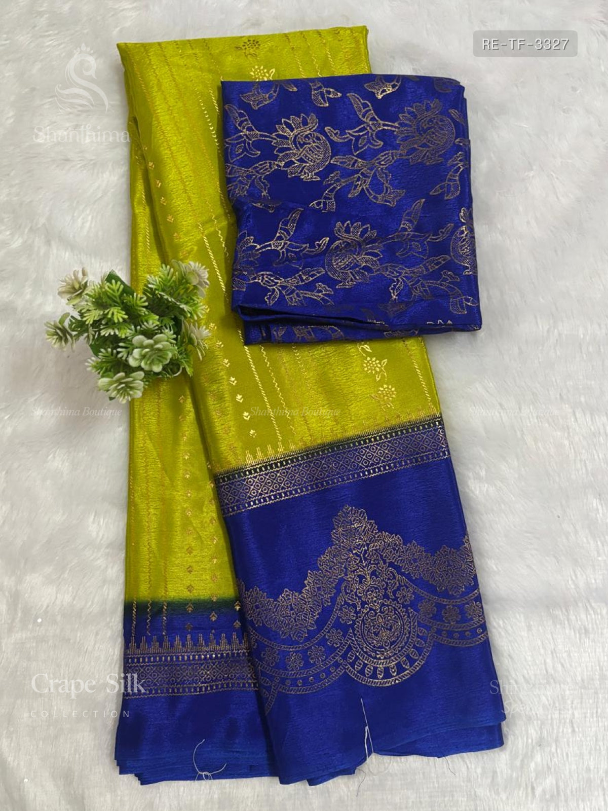 Crepe Silk Print Design Flower Elachi Green Ink Blue