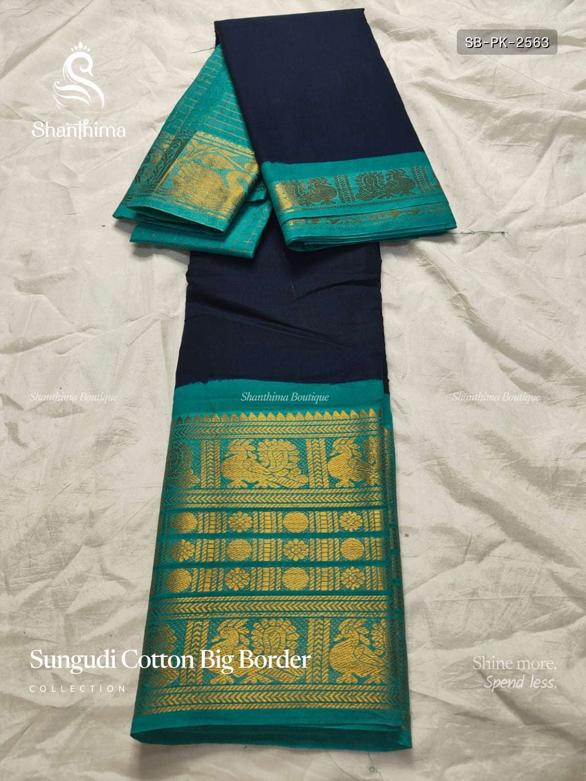 Sungudi Cotton Big Border Plain Peacock Chakra Navy Blue Sea Green
