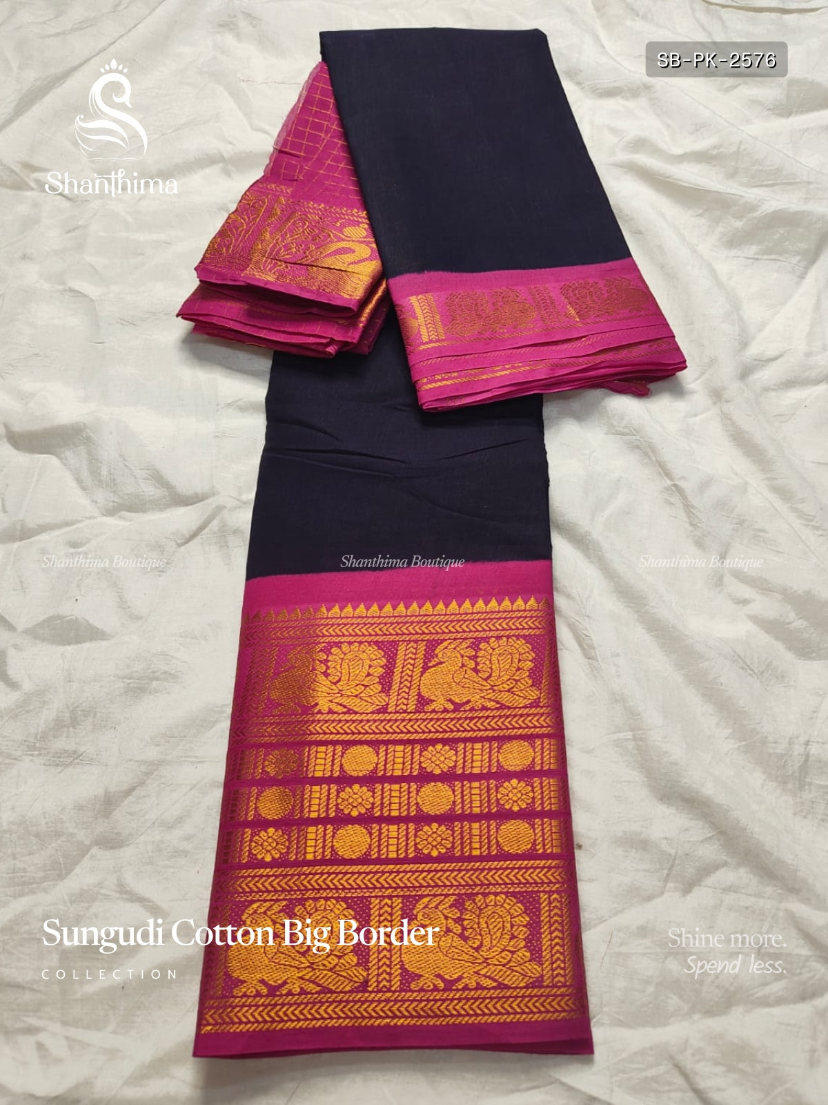 Sungudi Cotton Big Border Plain Peacock Chakra Navy Blue Dark Pink